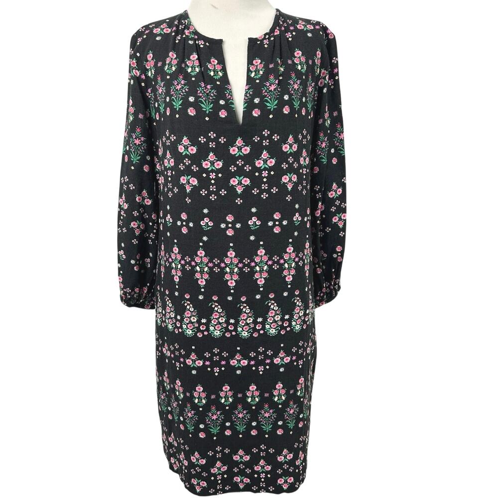 Ann Taylor Floral Linen Blend Shift Dress Black Pink Pockets Size M
